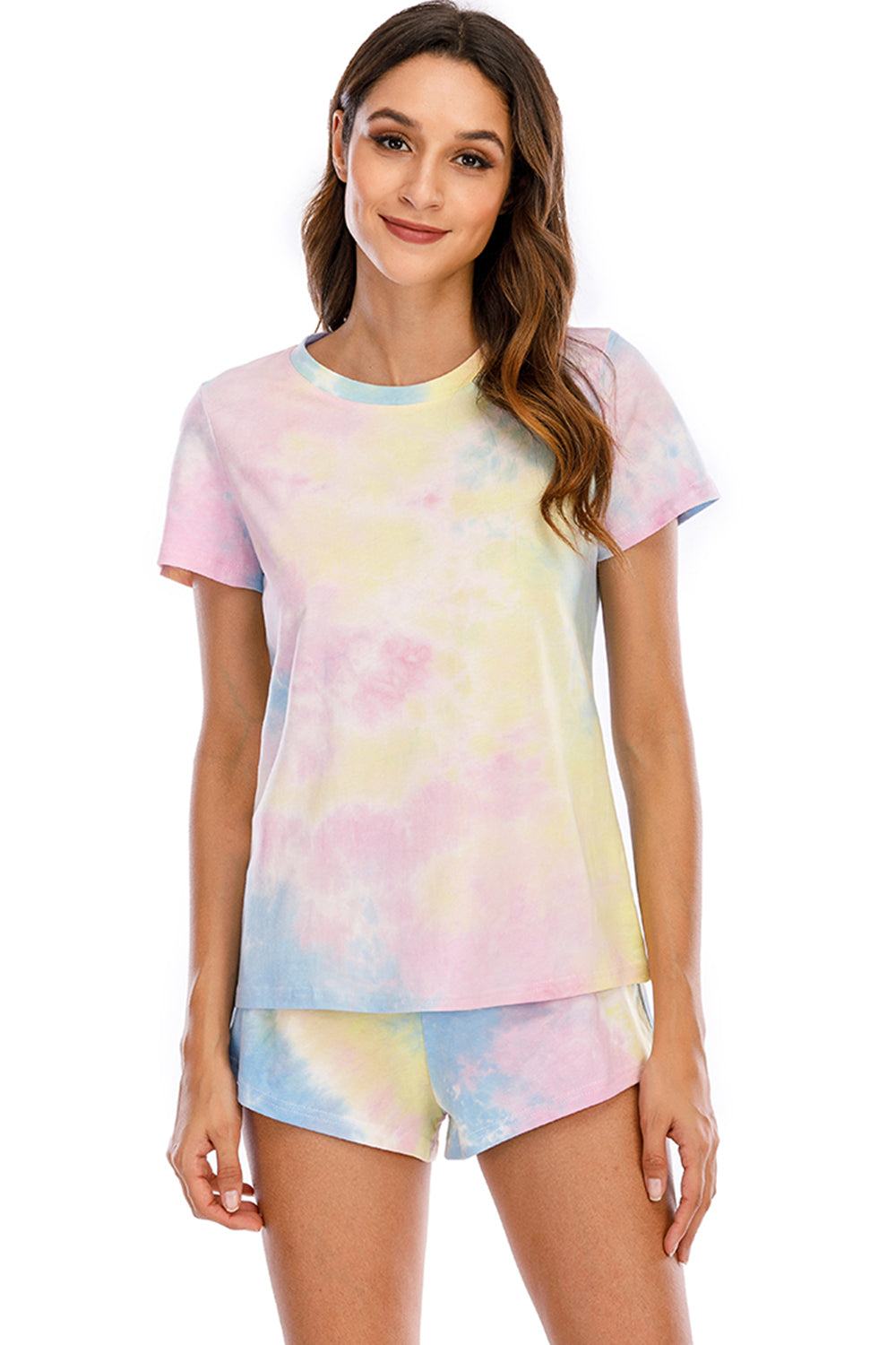 Tie-Dye Drawstring Hooded Top and Shorts Set