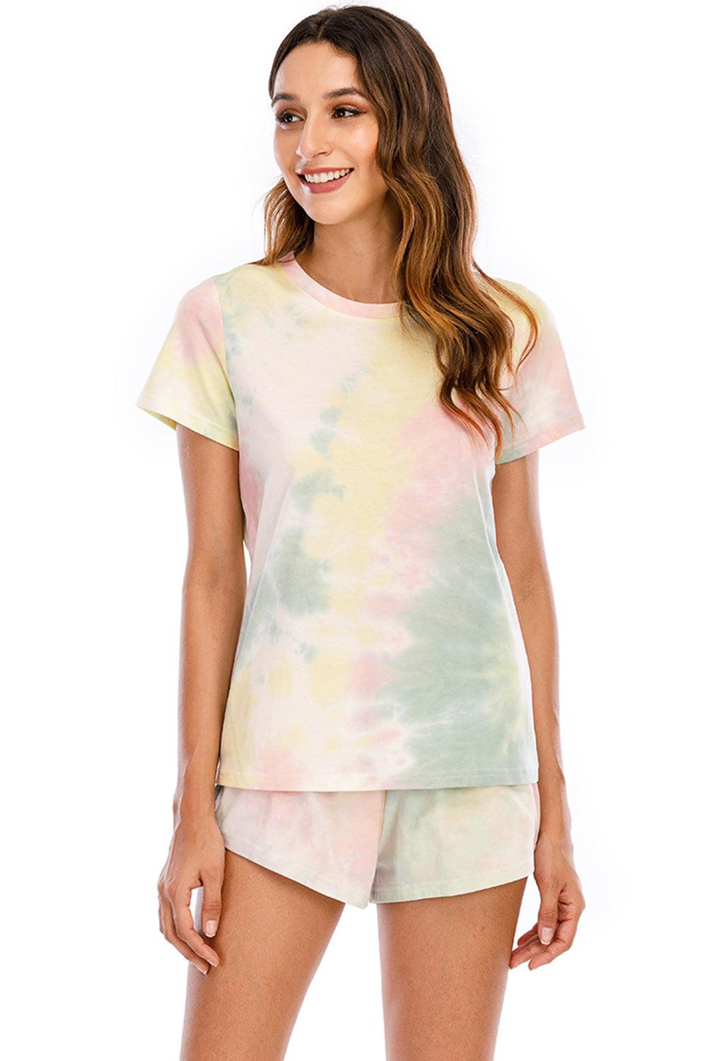 Tie-Dye Drawstring Hooded Top and Shorts Set