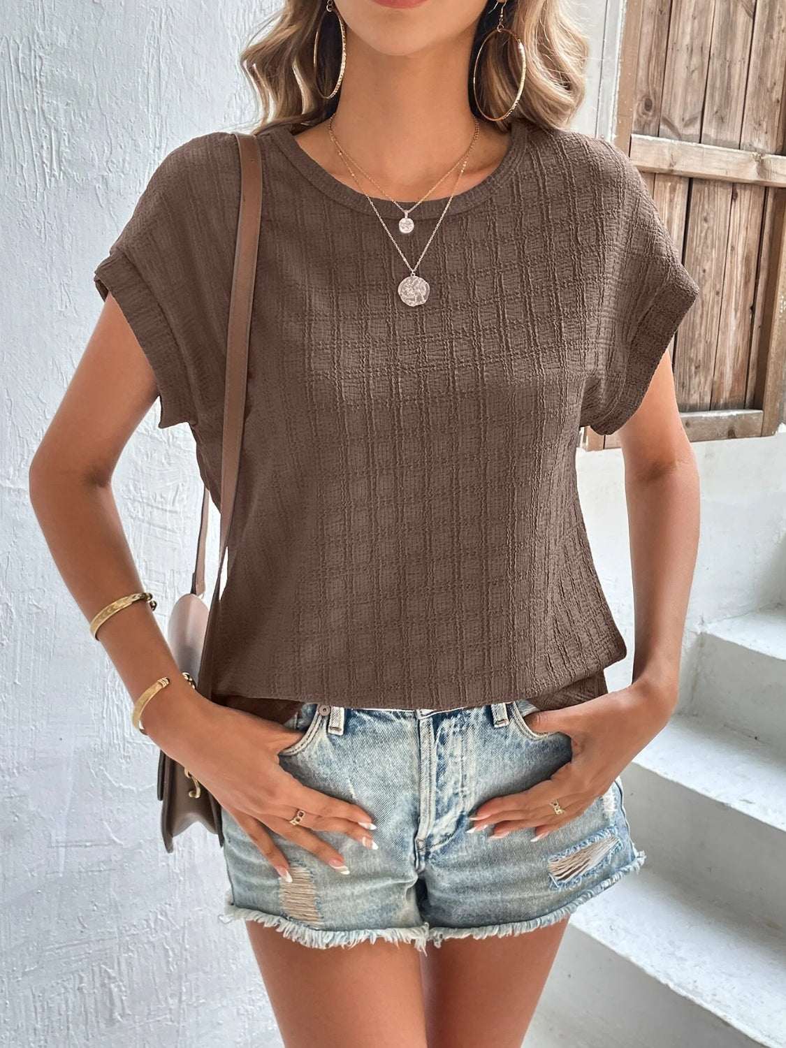 Textured Round Neck Short Sleeve Top - Norie Rae