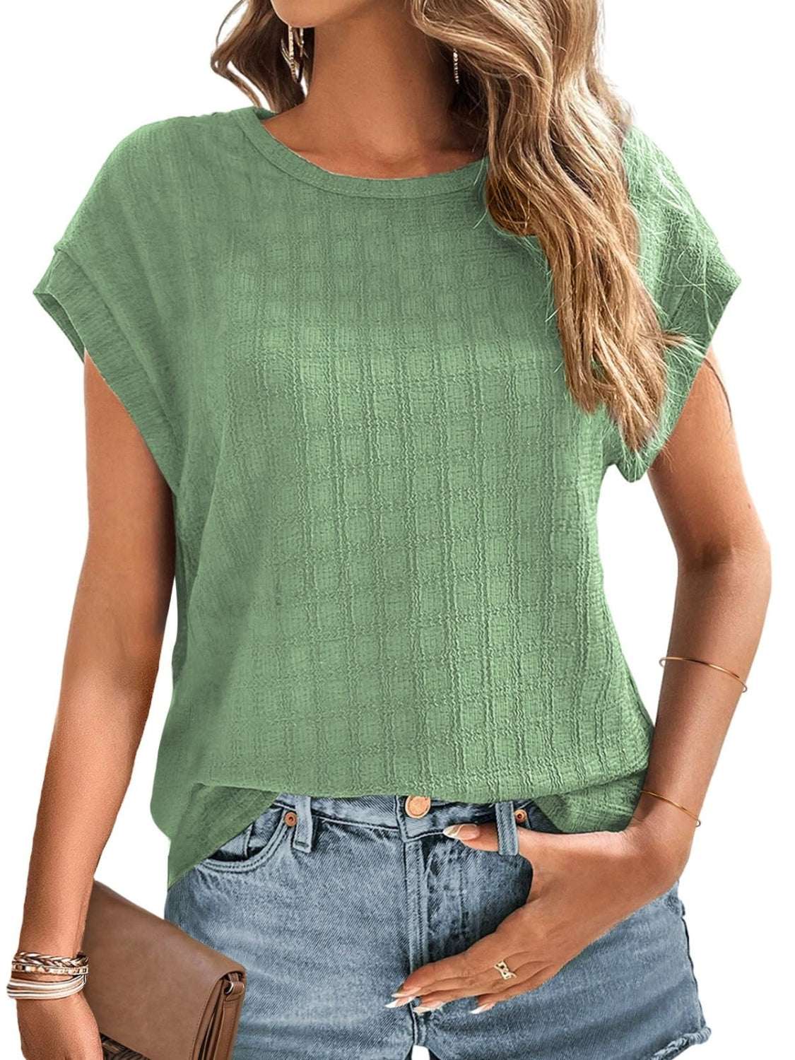 Textured Round Neck Short Sleeve Top - Norie Rae