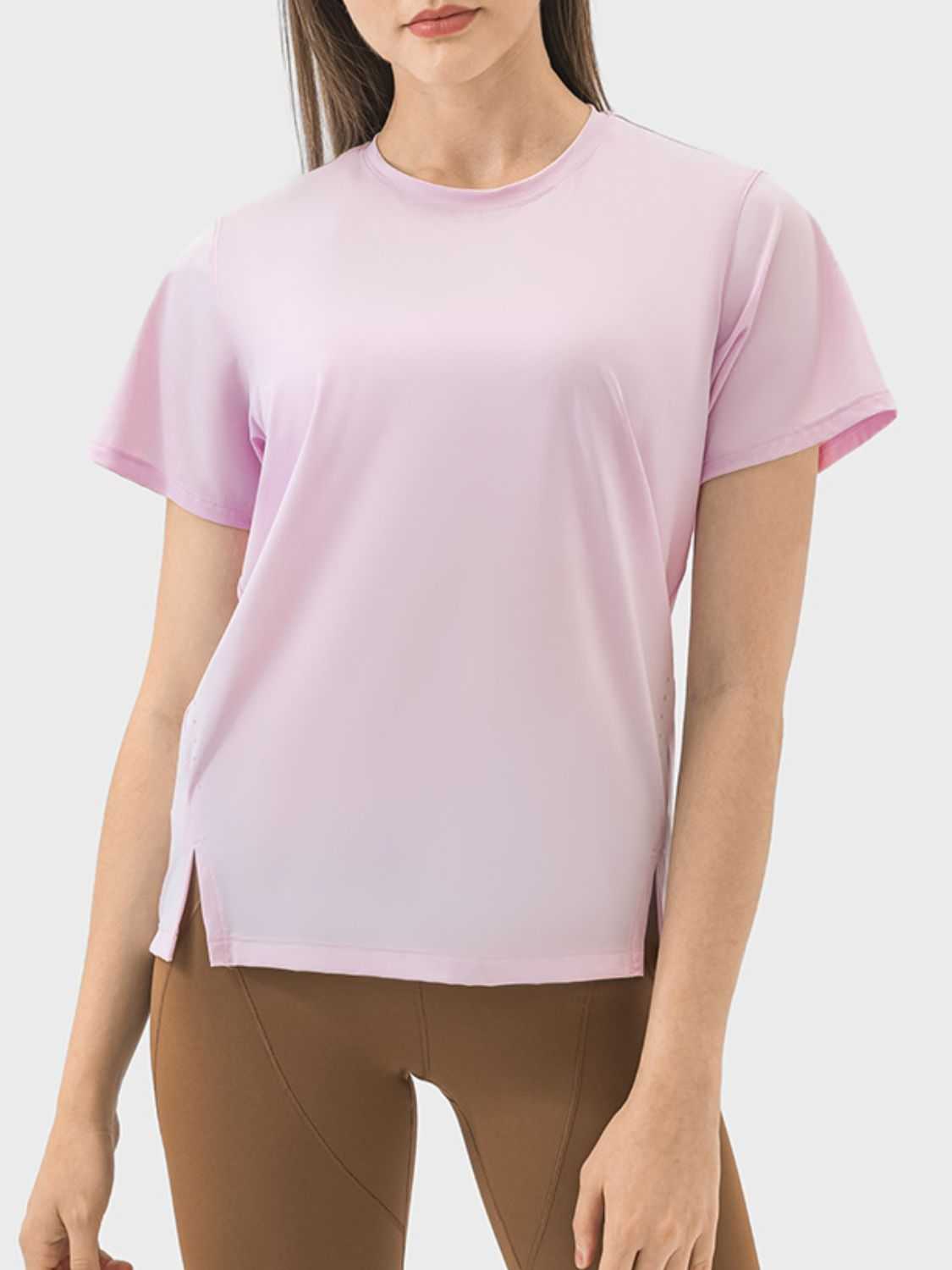 Slit Round Neck Short Sleeve Active T-Shirt