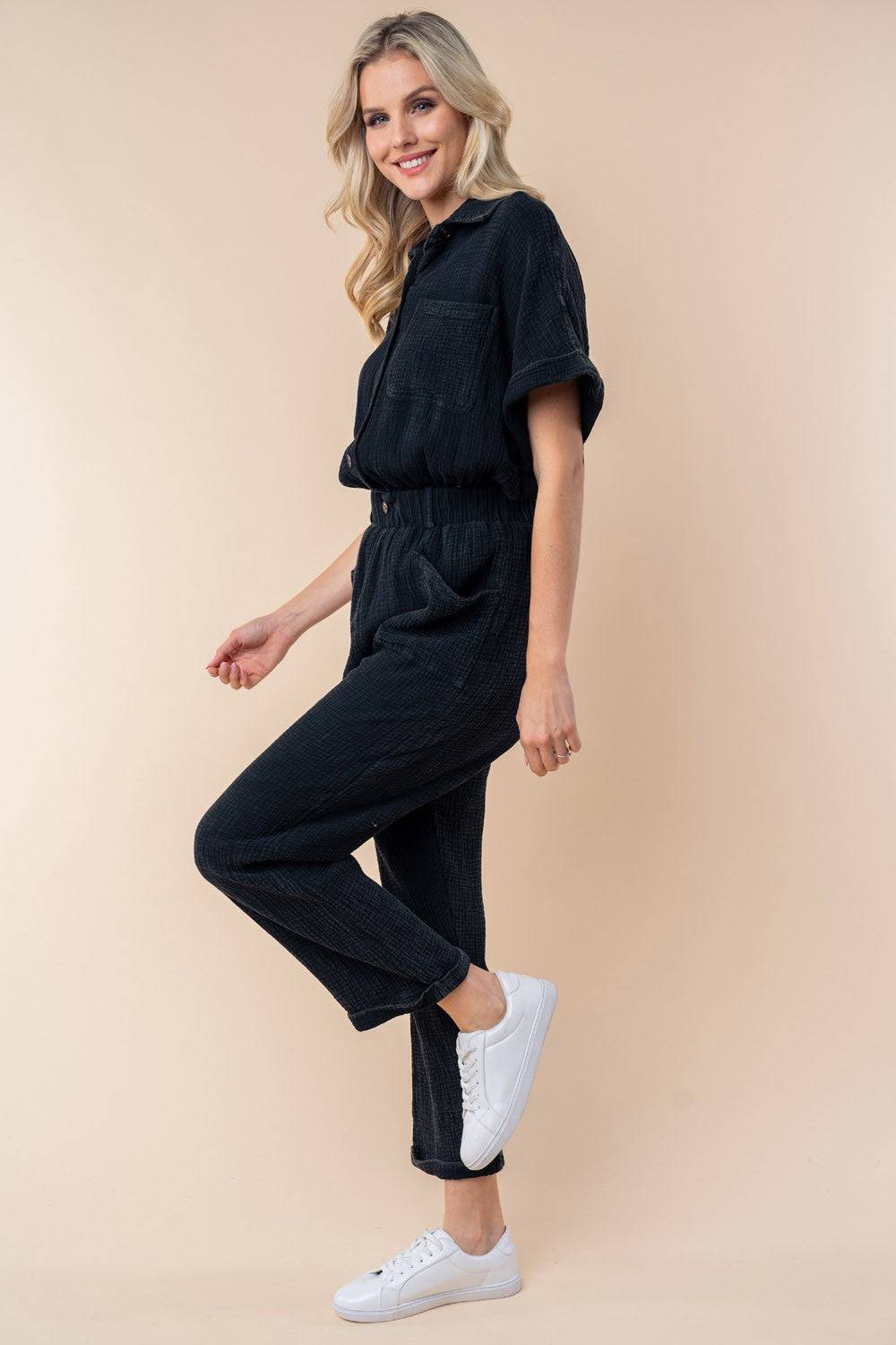 White Birch Texture Short Sleeve Jumpsuit