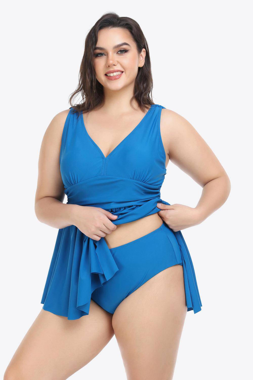 Plus Size Plunge Sleeveless Two-Piece Swimsuit