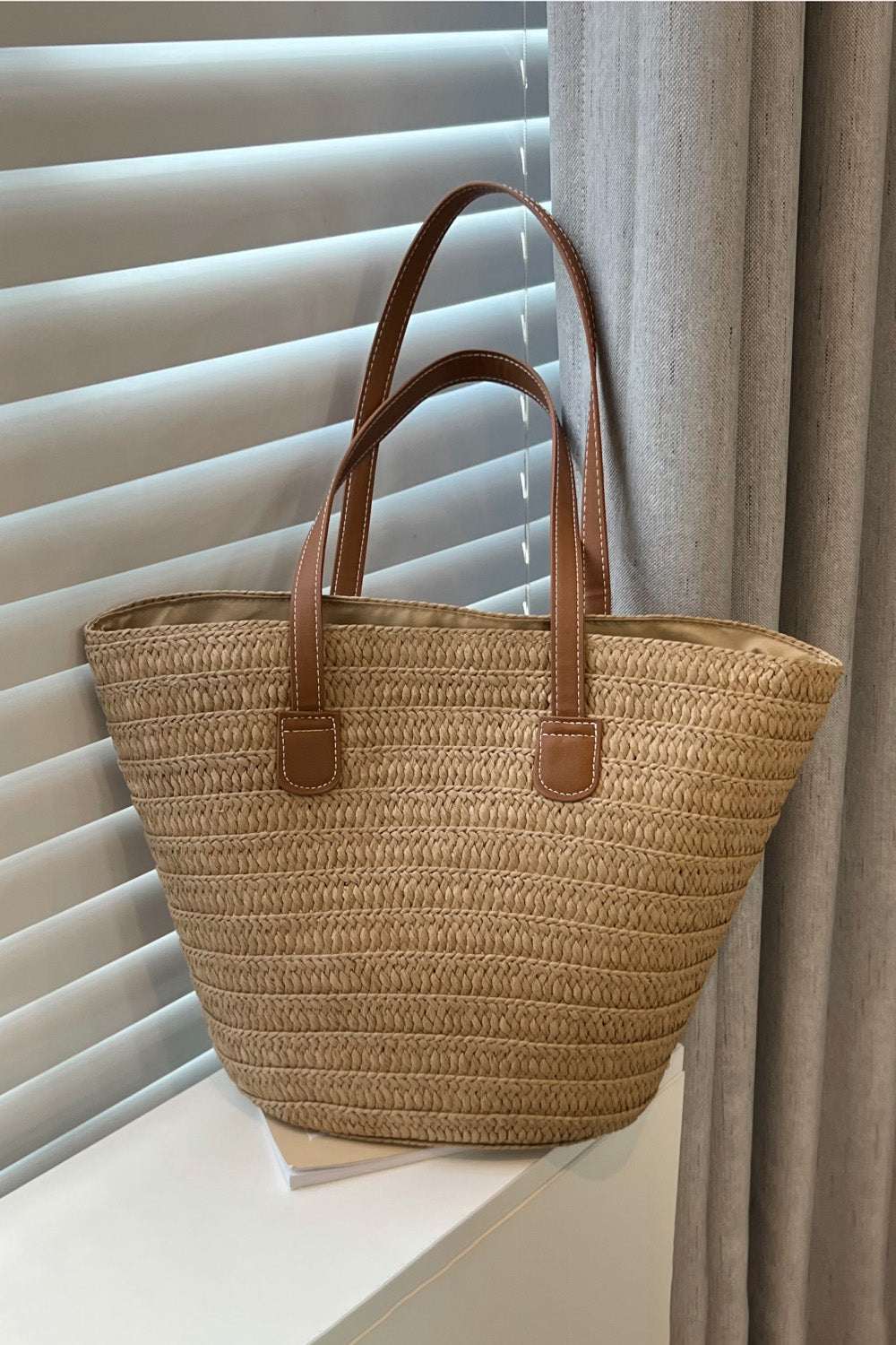 PU Leather Handle Straw Tote Bag