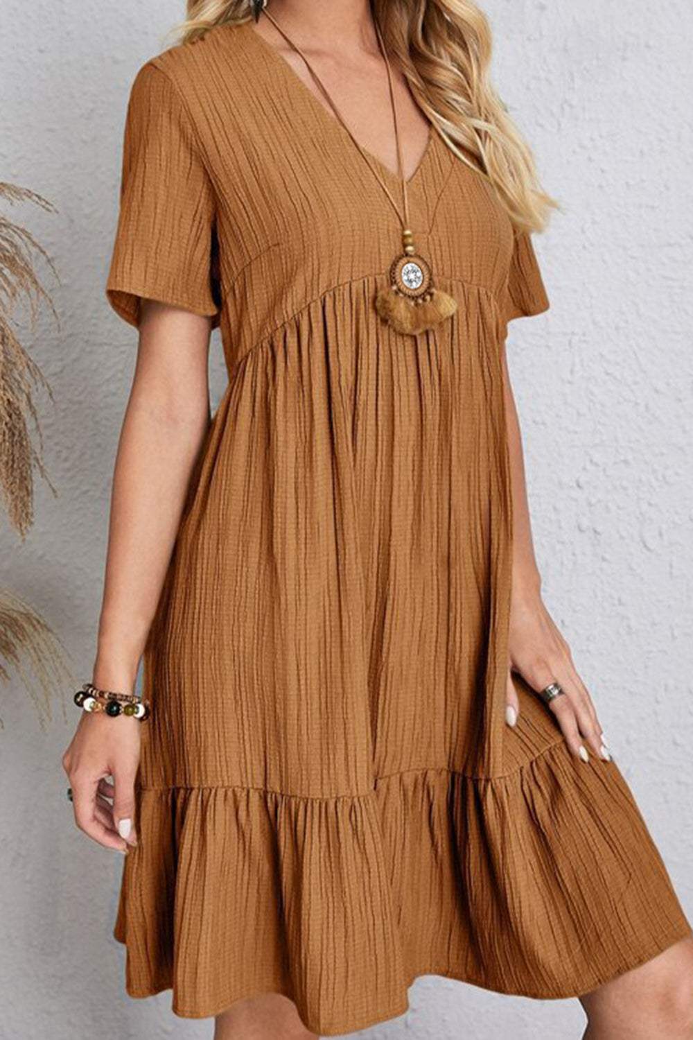 Full Size Ruched V-Neck Short Sleeve Dress