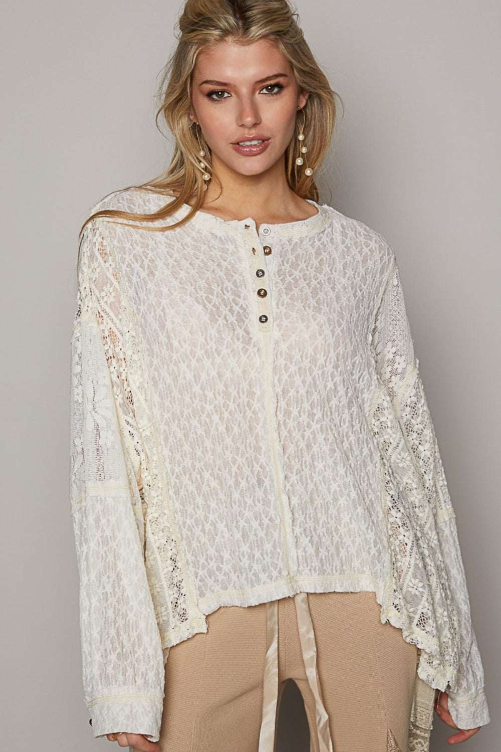 POL Round Neck Long Sleeve Raw Edge Lace Top