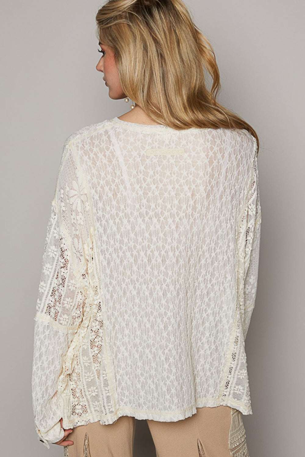 POL Round Neck Long Sleeve Raw Edge Lace Top