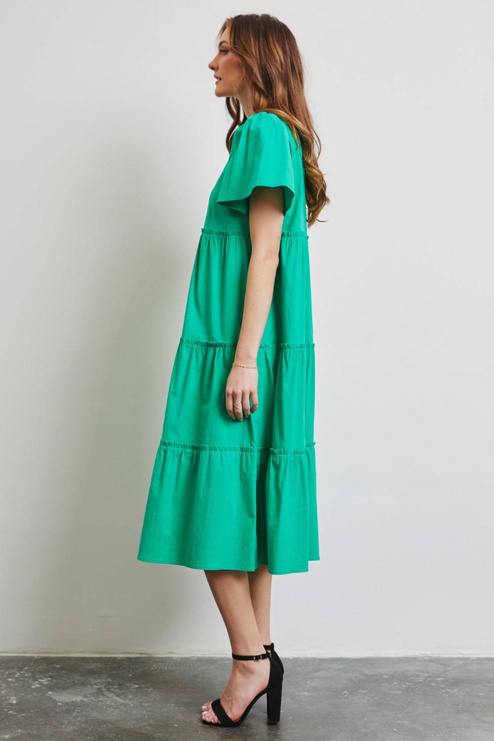 HEYSON Full Size Cotton Poplin Ruffled Tiered Midi Dress