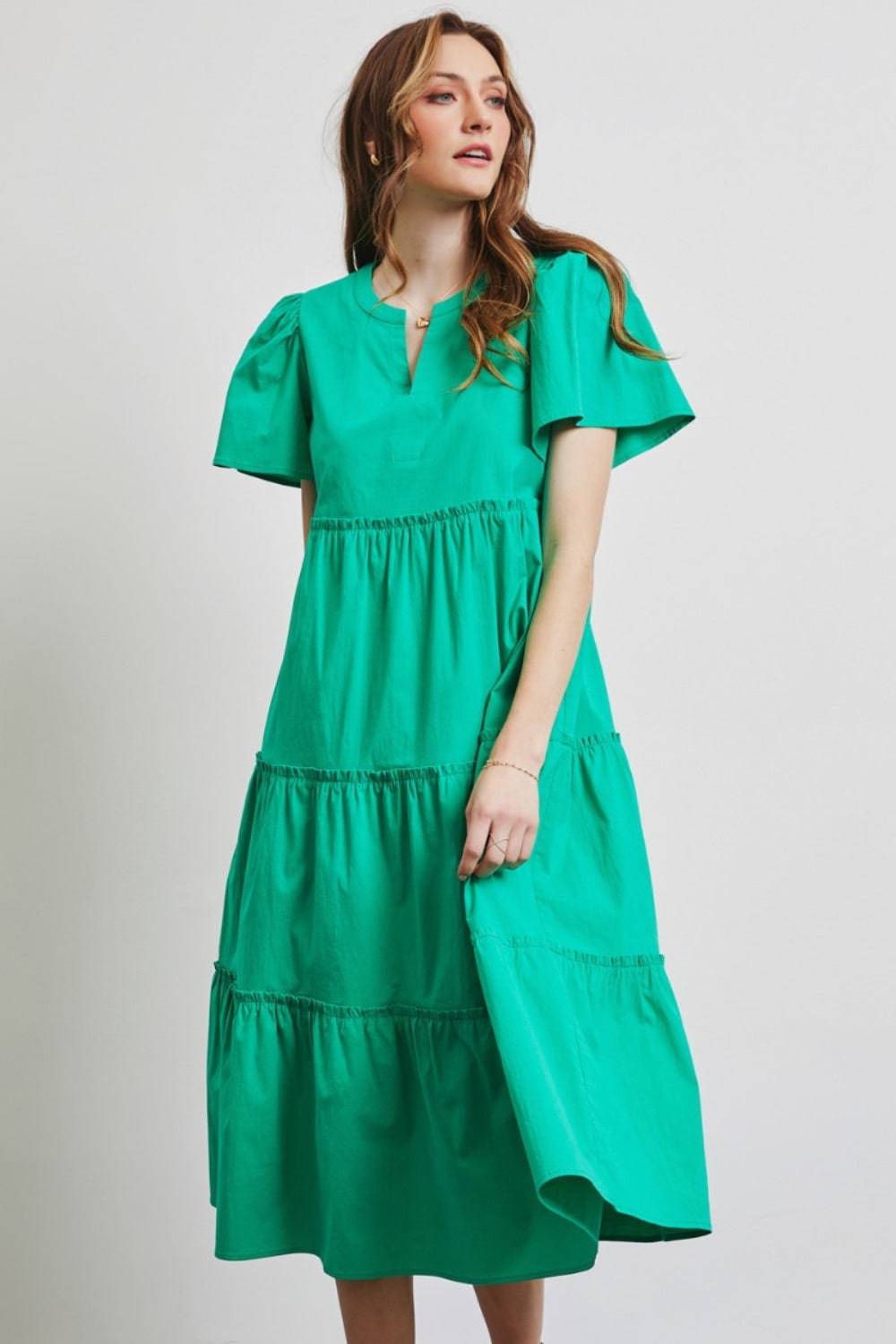 HEYSON Full Size Cotton Poplin Ruffled Tiered Midi Dress