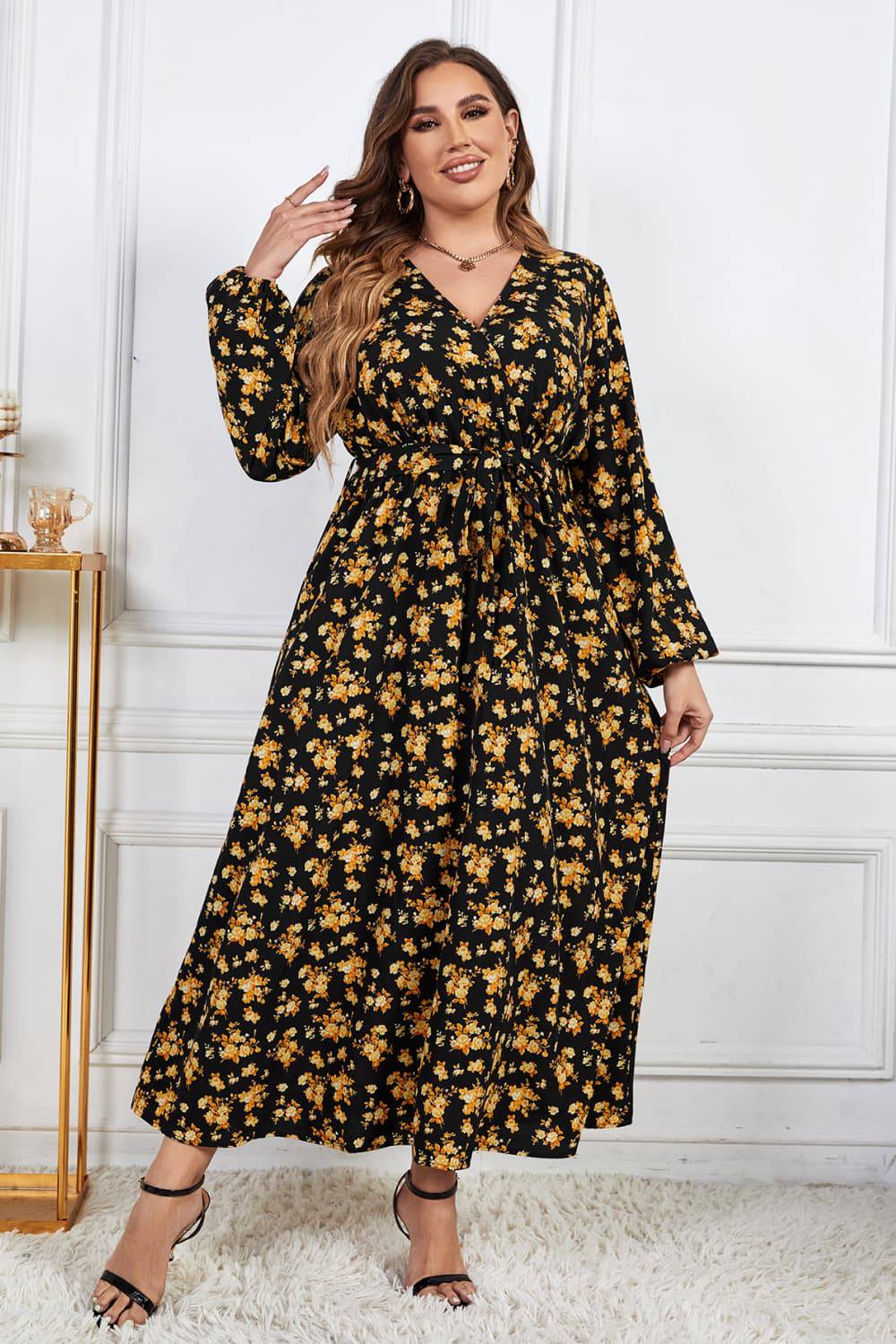 Melo Apparel Plus Size Floral Surplice Neck Long Sleeve Dress