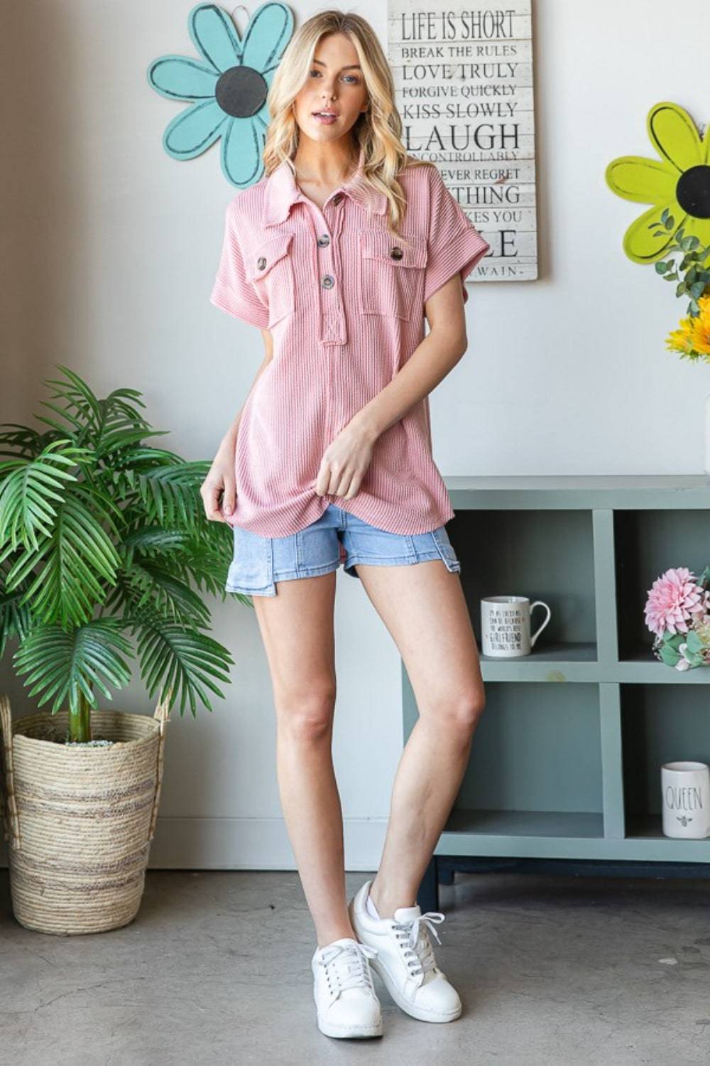 Reborn J Half Button Short Sleeve Top