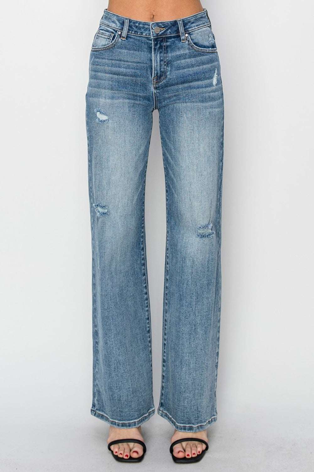 RISEN Full Size High Waist Distressed Wide Leg Jeans