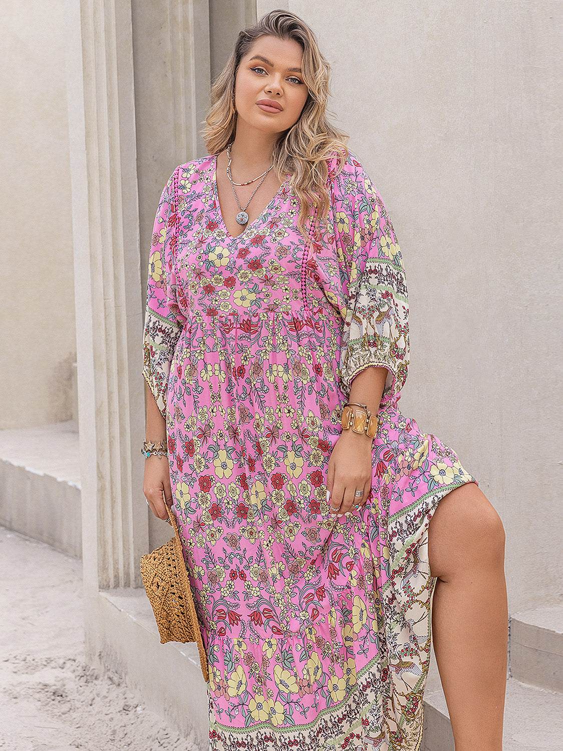 Plus Size Floral V-Neck Balloon Sleeve Midi Dress