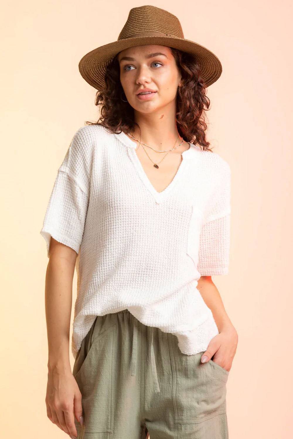 Waffle-Knit Notched Half Sleeve T-Shirt